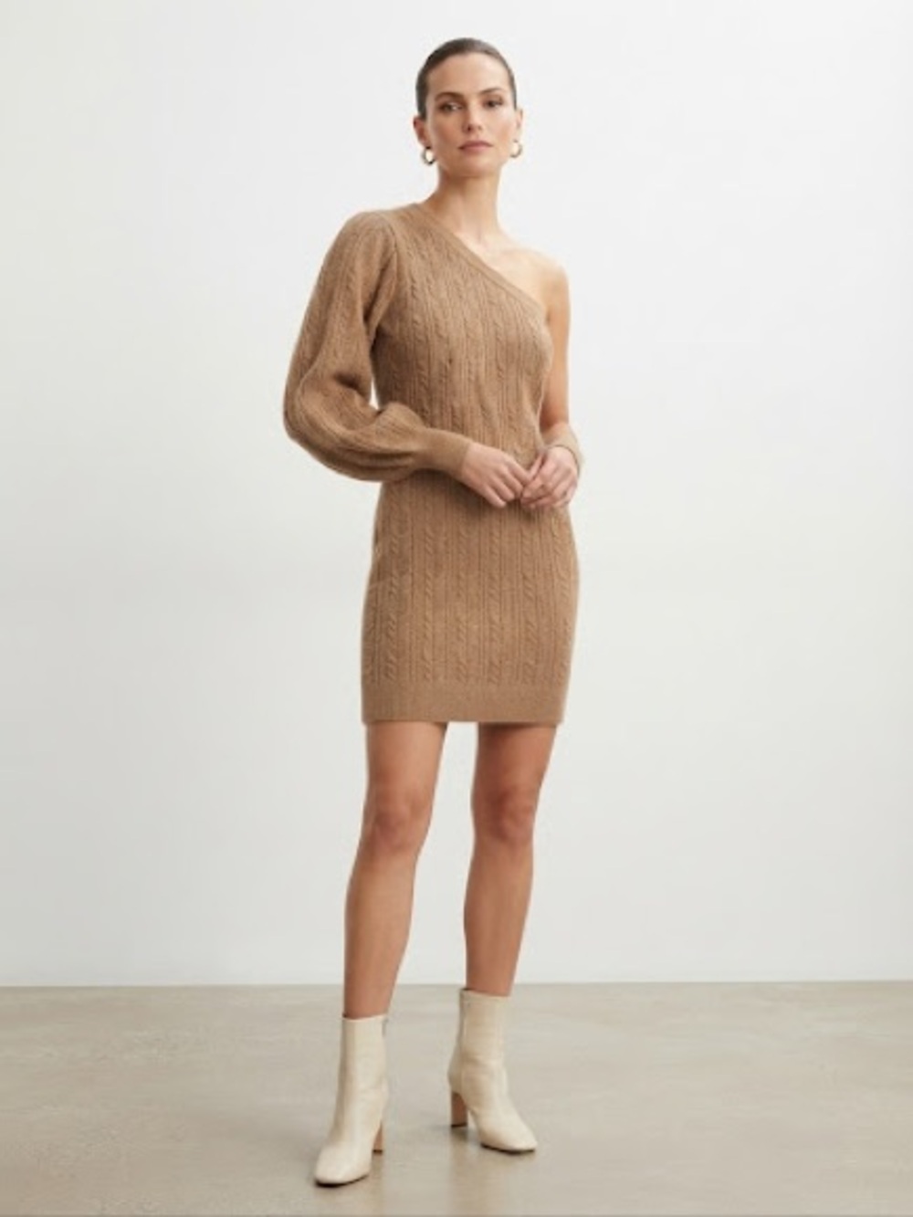 mittoshop Brown Cable-Knit One-Shoulder sweater Dress M